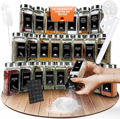 bekvämt kryddburks-set (24 stycken), kryddorganisatör med kryddströare med etiketter. 2 × maltillbehör + tratt, kryddburkar fyrkantiga med lock, 120 ml (metall)