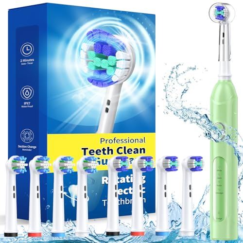 TEETHEORY Rotierende elektrische Zahnbürste für Erwachsene mit 8 Bürstenköpfen (2 Typen), 4 Modi Deep Clean Elektrische Zahnbürste mit wiederaufladbarer Leistung und 2 Min Smart Timer (6-Grün, p1)