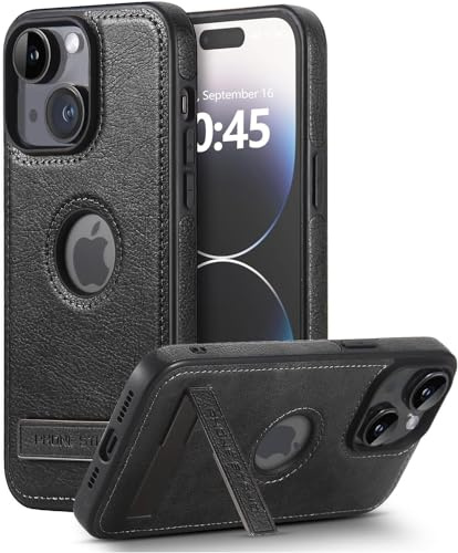 BinBoom Leather Case for iPhone 13 14, with Kickstand, Black | Thin Flexible Soft Grip, Luxury Retro PU Leather + TPU Cover, Shockproof Drop Protection