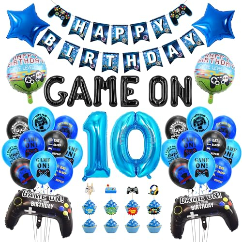 Gamer Deko 10. Geburtstag Jungen - Videospiel Luftballon 10. Geburtstag Blau Zahl 10 Folienballon Happy Birthday Banner Game Controller Luftballons für Kinder Junge Geburtstag Party Dekoration