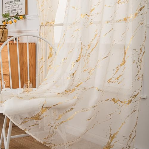 Lavyhuno Lot de 2 Rideaux Transparents dorés de 243,8 cm de Long, Rideaux avec Passe-Tringle pour Chambre à Coucher, Salon, décoration de Noël, Traitement de fenêtre à imprimé marbre en Feuille d'or