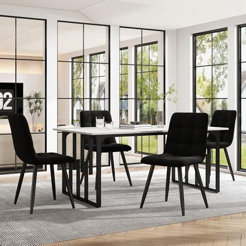 Merax Essgruppe mit Esstisch & 4 Stühlen, Esszimmergruppe, Moderner Küchentisch Set, 140x80cm Küchentisch mit mit vertikalen Metallbeinen, Esszimmerstühle aus Samt, für Wohnzimmer Küche, Schwarz