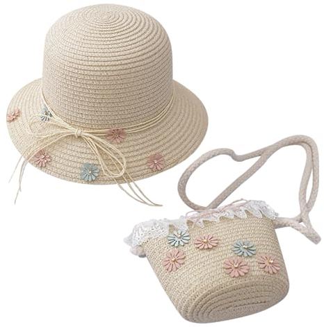 Flower Straw Hat and Bag for Children, Girls Straw Hat Summer Beach Cap Foldable Straw Sun Hat Straw Mini Bag Breathable Sun Cap for Kids Holiday Vacation (-, Beige)