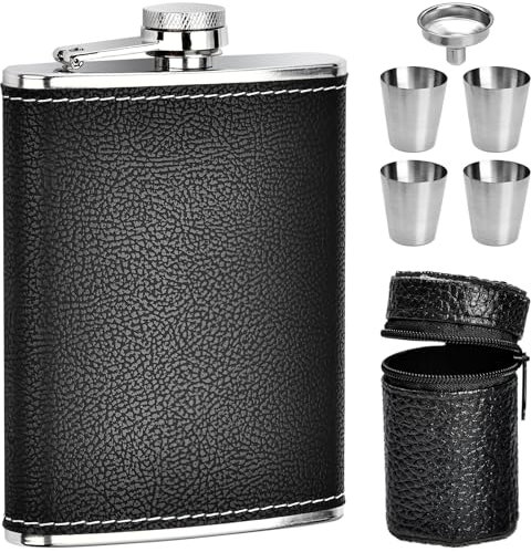 ALFFREUDE Edelstahl Flachmann 8oz/227ml Flachmann Set Flachmann Leder Flachmann Klein mit Trichter für Spirituosen Whiskey Rum für Camping Klettern Picknick