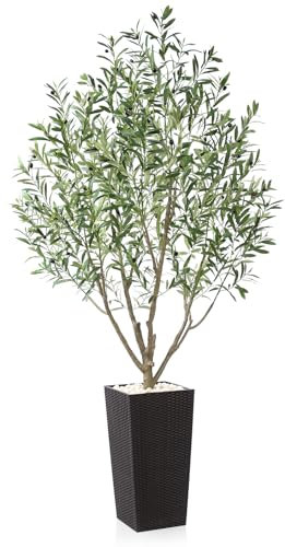 CROSOFMI Olivier Artificiel Interieur et Exterieur 210 cm Plantes Artificielles en Plastique Pot Grande Fausse Arbre Decoration Balcon Chambre Maison(Pot Brun)