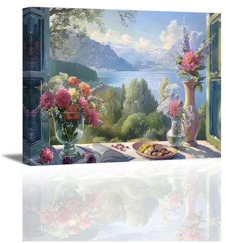 Piy Painting Impression sur Toile Paysage Fenêtres en bois, Tableau sur Toile Fleur, Peinture Decoration Murale, Photos de Fleur pour Studio de yoga, Chambre, Cadre en Bois Intégré, 40x30 cm