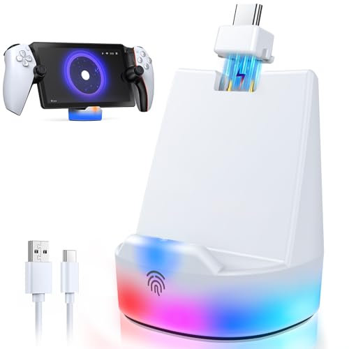 Auarte Magnetic Charging Dock for Playstation Portal Remote Player - Case Friendly Charging Station for PS5 Portal Accessories with 12 RGB Light Modes & Cable, Snow White