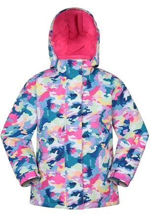 Mountain Warehouse Snowdrop bedruckte Kinder Skijacke - wasserdicht, integrierte Schneefang, abnehmbare Kapuze - für Snowboarding, Wintersport Intensiv Pink 116