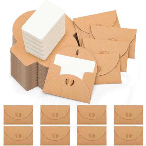 Omtofo 60 Stück Mini Briefumschläge mit 60 Stück Blanko Karten, Klein Briefumschlag mit Herz Verschluss, Kleine Briefumschläge Mini mit Karte für DIY Dankeskarte, Geschenkkarten, Geburtstagskarten
