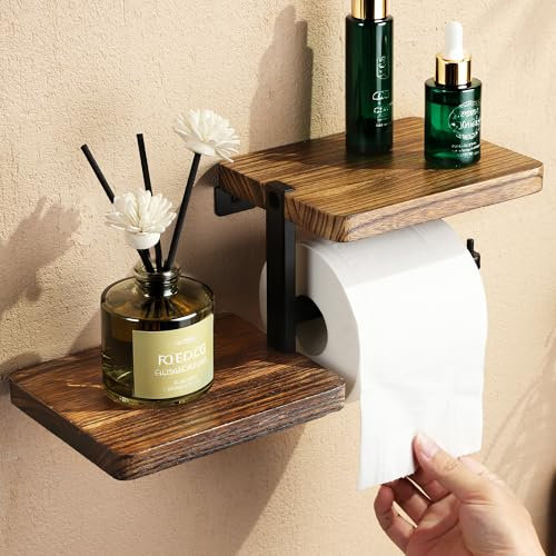 RUICER Toilettenpapierhalter/Toilettenpapierhalter mit Ablage, Klopapierhalter Holz Ablage mit 2, Vintage WC Papier Halterung Wandmontage, Klopapier Aufbewahrung für Badezimmer
