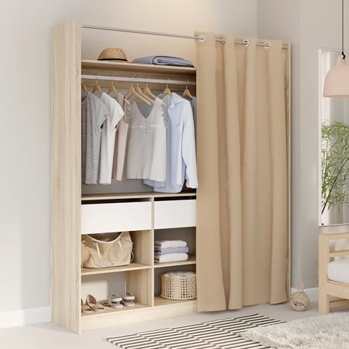 FORTE LYTTELON Kleiderschrank 180, Innovaties Schranksystem mit Vorhang in Beige, offene Stauraumfläche, Holzwerkstoff, Eiche Dekor, 180 cm breit, 200 cm hoch, 42 cm tief