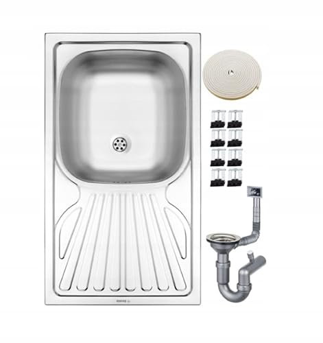 DomoDomo Wiktorian Fregadero empotrable de 1 cámara, acabado decorativo, acero inoxidable, incluye sifón, clips y cinta adhesiva, 760 x 435 x 150 mm
