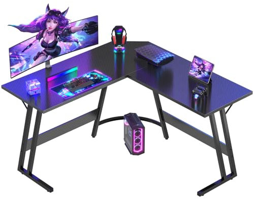 Devoko Bureau Gaming d'angle 120 x 120cm avec Support d'écran, Table Informatique en Coin,Bureau Gamer en Forme de L Table pour Etudier, Jouer et Travailler Carbon Noir