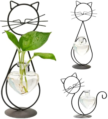 2PCS Cat Decor,Plant Stand with Heart Shaped Glass Planter Vase Iron Hanger Cat Decor Modern Creative Cat Plant Holder for Hydroponics Plants Home Garden Wedding Decor