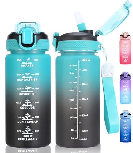 SUPPRUI Bouteille d'eau pour enfants avec paille - 600 ml - Gourde pour l'école - Anti-fuite - Sans BPA - Tritan - Pour filles et garçons - Noir cyan