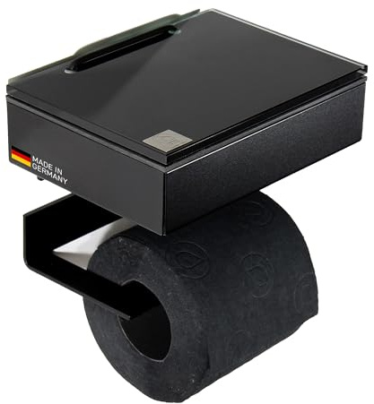 Toilettenpapierhalter mit Feuchttücherbox - Gehäuse Schwarz & Abdeckung Glas Schwarz- befüllbar von Rechts - Wandhalterung 2-in-1, Feuchttuchbox & Klopapierhalter aus Edelstahl, Made in Germany