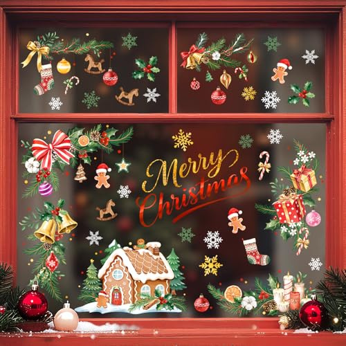 Tanlaby Fensteraufkleber Weihnachten Fensterdeko Stechpalmen Girlande Merry Christmas Fensterbilder elegante weiße Fenstersticker für Glas Türen