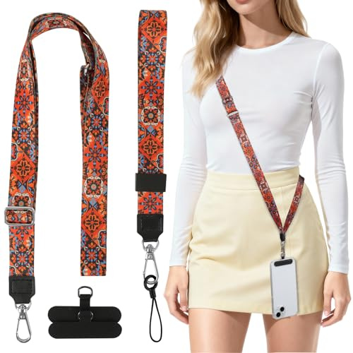 HONZUEN Cordon Telephone Portable Réglable, Bandouliere Telephone Portable Universelle et Bracelet avec 2 Patch, lanyard et Dragonne Téléphone, Cordon Tour de Cou pou Tous Smartphones, Rouge Boho