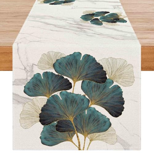 Avalune Tischläufer Modern Winter Grün Blätter Leinenoptik Läufer Tisch Gold Ginkgo Biloba Marmor Textur Frühling Abwaschbar Outdoor Table Runner für Urlaub Party Küche Tischdeko 40x140cm