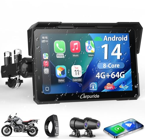 Carpuride W702 Plus 8 Kern Android Motorrad Carplay Bildschirm Dual Kameras | Kabellos CarPlay und Android Auto, 7 Wasserdichter Touchscreen, BT Audio, Loop-Aufnahme, Online/Offline Navigation.
