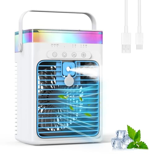 Condizionatore d'Aria Portatile, 3-in-1 Raffreddatore ad Evaporazione con 3 Velocità e 2 Modalità Nebbia, 1000ml Mini Condizionatore, Ventilatore USB con Luce RGB e Timer per Ufficio Auto Camper
