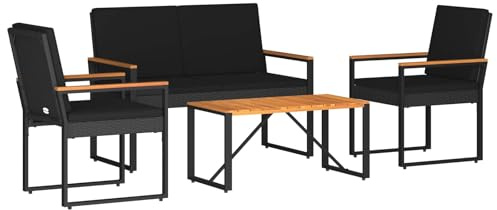 vidaXL Gartenmöbel Set mit Kissen 4 pcs Schwarz Poly-Rattan, Stylische, rechteckige, wetterfeste Gartenmöbel, Patio-Set, Akazienholz, perfekt für draußen
