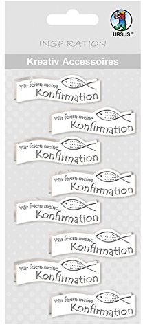 Ursus 564000325 - Kreativ Accessoires, Fisch Wir feiern Konfirmation, silber, 8 Stück, selbstklebend, aus verschiedenen hochwertigen Materialien, zum Dekorieren von Karten und Geschenke
