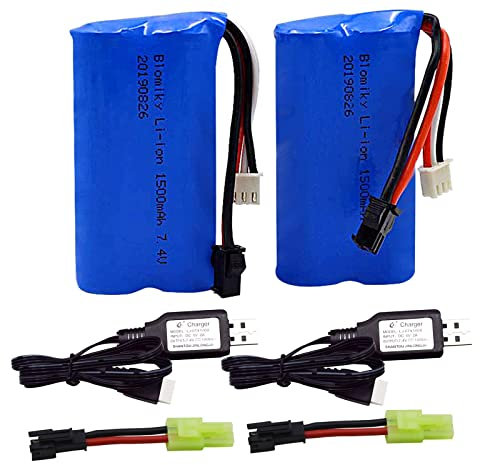 Blomiky 2 Pack H101 7.4V 1500mAh Battery and USB Charger Cable for T2 H105 H103 H101 Remote Control RC Boat H101 Battery and USB 2