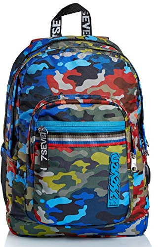 Seven Rucksack für Schule, Sport und Freizeit, Geräumige Schultasche für Teenager, Mädchen und Jungen, mit Trinkflaschenfach, blau, praktisch mit USB-Anschluss, BROADER ADVENTURE CAMO
