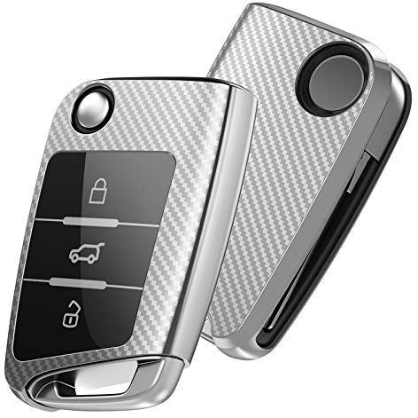 OATSBASF Autoschlüssel Hülle VW, VW Golf 7 Schlüsselhülle, Schlüsselbox Cover für VW Polo, Skoda, Tiguan, MK7 3-Tasten (Silber-Streifen)