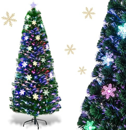 RELAX4LIFE Albero di Natale Artificiale 180cm con Luci in Fibre Ottiche e Addobbi: 1 Stella e 28 Fiocchi di Neve a LED, 220 Rami Folti e Realistici in PVC, Base Pieghevole in Ferro (180 cm)