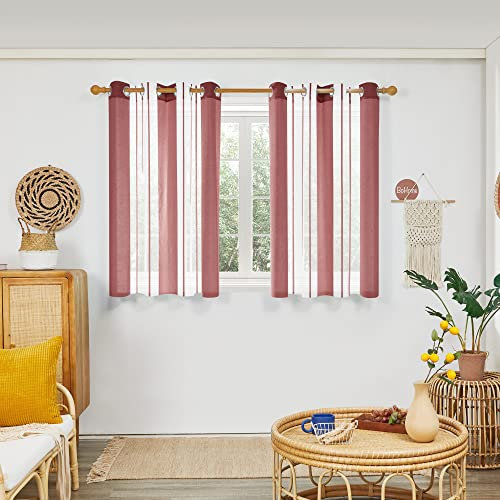 Deconovo Voile Vorhänge mit Ösen, Vorhangschal Transparent Boho Streifenmuster, Fensterschal Schlafzimmer in Leinenoptik, 138x140 cm(HöhexBreite), Rot, 2er Set
