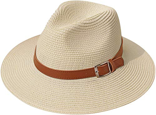 DRESHOW Femme Homme Chapeau de Paille Panama Chapeau Été Large Bord Chapeau de Soleil Anti-UV pour Plage Voyage Chapeau de Soleil