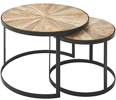 WOHNLING de 2 Tables Basses Design Tables gigognes Rondes en Bois Massif Mango | Table Basse avec Pieds en métal Marron | Set de Table gigogne 2 pièces Bois/métal Noir