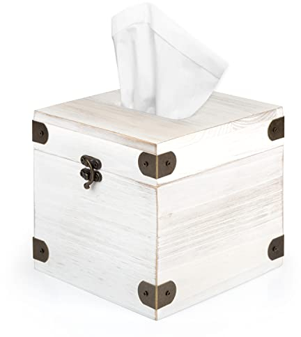 Ilyapa 5 x 6 Rustic Tissue Box Holder - Hinged Lid Tissue Dispenser for Bathroom Living Room Bedroom - White Weathered Wood