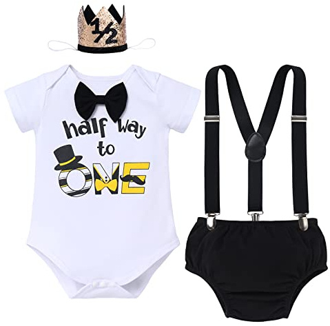 IBTOM CASTLE Baby Boy 1/2 Half Way to One Birthday Cake Smash Outfit Bowtie Romper+Diaper Cover Pants+Y-Back Suspenders + Birthday Hat 4PCS Set Black+half 6M