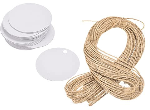 sourcing map 100 Stück Runde Papieranhänger Blanko-Hängeetiketten für Geschenkanhänger mit Bindfaden Weiß 40 mm Länge 65,6 Fuß,