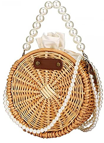 Buric Crossbody-Tasche für Damen, Stroh-Geldbörse, leicht, modisch, mit Perlen, Retro-Stroh, Sommerkorb, Geldbörse, Rund, Einheitsgröße