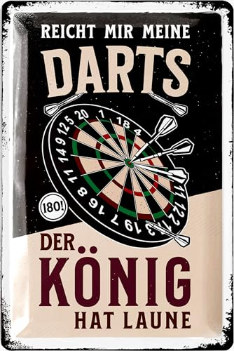LANOLU Retro Blechschild Dart - Bar und Partykeller Dekoration - Irish Pub Deko - lustiges Geschenk für Männer - Darts Schild DER KÖNIG HAT LAUNE 180 SCORE - vintage Metallschild 20x30cm