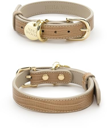 NINA WOOF Milan Hundehalsband aus veganem Leder,Gepolstertes Luxus-Hundehalsband mit verstellbarer Schnalle,Halsband für Hunde,Farbe Beige, Größe XS