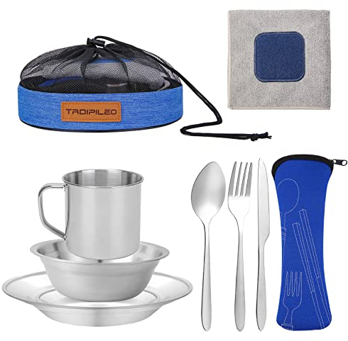 Ensemble de 8 couverts de camping en acier inoxydable – Comprend des cuillères, des tasses, des bols, des assiettes, des chiffons et des sangles de rangement – Facile à transporter pour la randonnée,