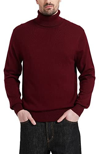 Kallspin Men's Turtleneck Lightweight Wool Blend Knitted Long Sleeve Jumpers Relaxed Fit Sweater (Burgundy, L)
