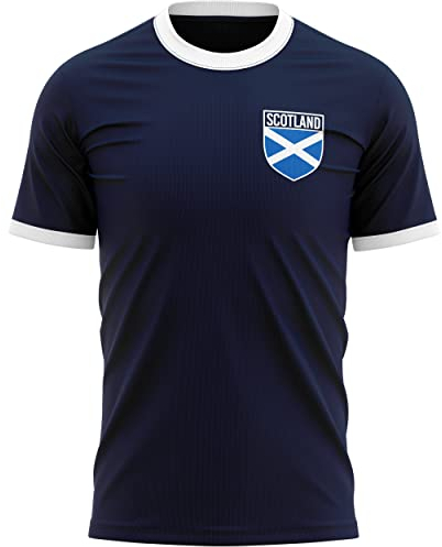 Schottland Badge Ringer T Shirt, Schottland Supporters Tee, schottische Fußballflagge Geschenke für Ihn, Unterstützung Schottland im Fußball, Rugby und Cricket, marineblau / weiß, M