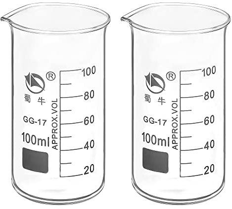 PATIKIL 100ml Tall Form Glass Beaker, 2 Pack 3.3 Borosilicate Glass Graduated Printed Scale Measuring Cups with Spout for Kitchen Lab Liquids Transit Boiling
