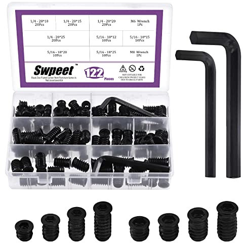 Swpeet 122 piezas de 1/4 pulgadas + 5/16 pulgadas de acero al carbono chapado en zinc negro para muebles de tuerca roscadas, insertos de madera roscados, conector de cierre de perno hexagona