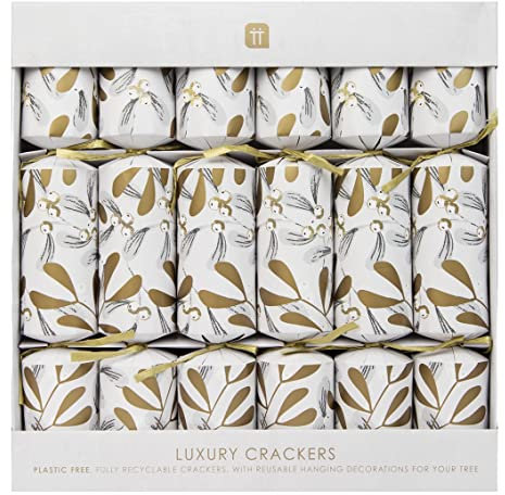 Talking Tables Handmade Eco-Friendly Christmas Crackers with Silver and Gold Mistletoe Design | Contains Paper Hat, Joke & Game | Plastic-Free, Recyclable Tableware for Xmas, Boxing Day, Pack of 6 12