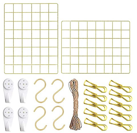 Rejilla Decoracion Pared Juego de 2,Rejilla de Pared Para Mostrar Fotos,Rejilla Metálica Para Decoracion Habitacion y Organizador Pared Escritorio (Oro)