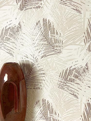NEWROOM Papier peint Beige Jungle Intissé - Moderne Marron Blanc Palmiers Feuilles Tropical