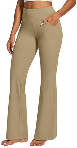 IUGA Yoga Pants Women Wide Leg High Waist Bootcut Workout Flare Leggings Tummy Control Work Dress Pants Women 4 Pockets, Khaki, M