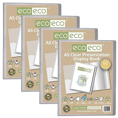 eco-eco Lot de 4 porte-vues transparents avec pochettes en plastique Format A5 50% recyclé 60 pochettes